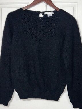 White Wheeler Martha Vintage Angora Lambswool Beaded Knit Sweater Black Medium